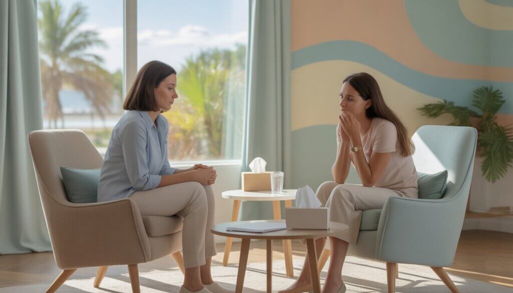 A female therapist attentively listens to a grieving woman during a counseling session in a bright, calming therapy room with a window showing palm trees outside.