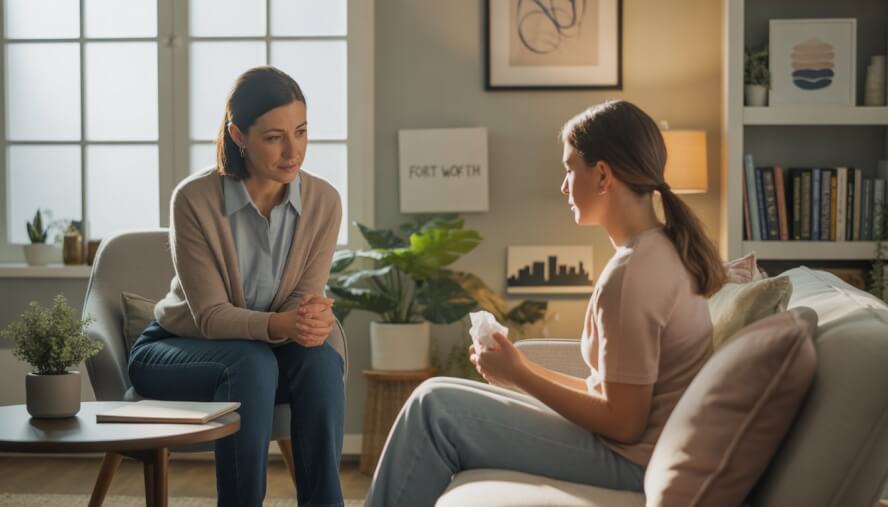 A female therapist attentively listens to an emotional woman in a cozy therapy room with natural light and calming decor.