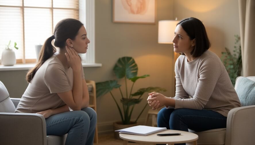 A therapist attentively listening to a young woman in a warm and calm counseling office.