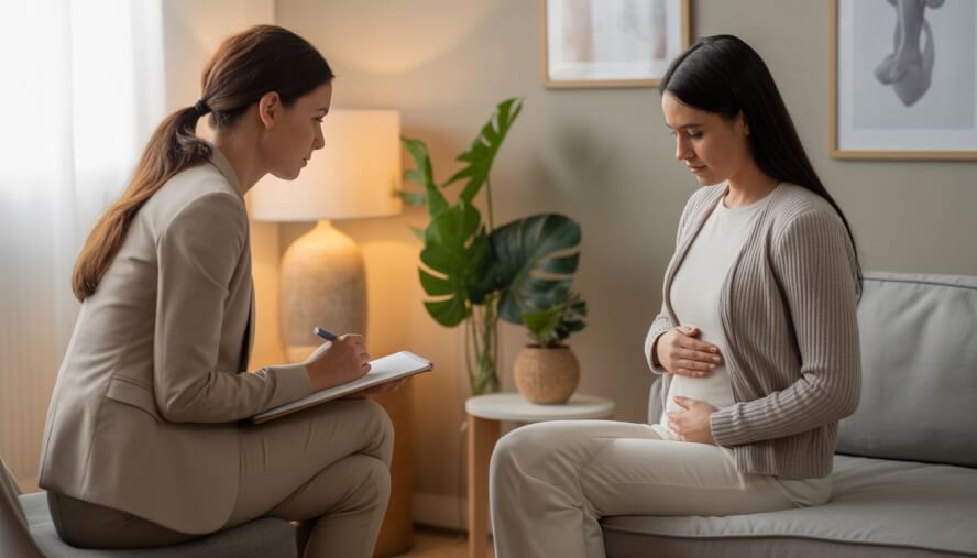 A female therapist attentively listening to a woman in a calming therapy office, conveying support for reproductive health challenges.