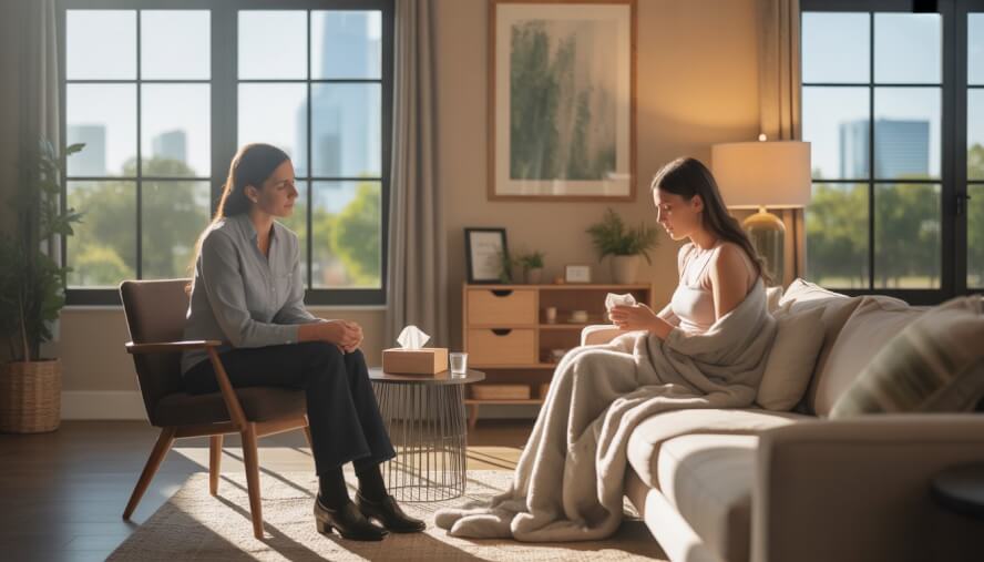 A therapist attentively listens to a young woman in a cozy counseling room with natural light and plants.