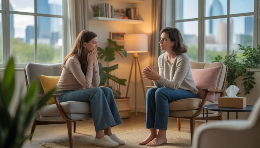 A therapist attentively listens to a young woman in a cozy, softly lit room with plants and a window showing a city view.