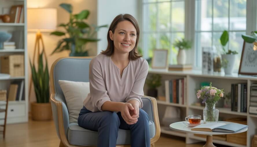 A female therapist sitting in a comfortable office with natural light, plants, and bookshelves, looking friendly and approachable.