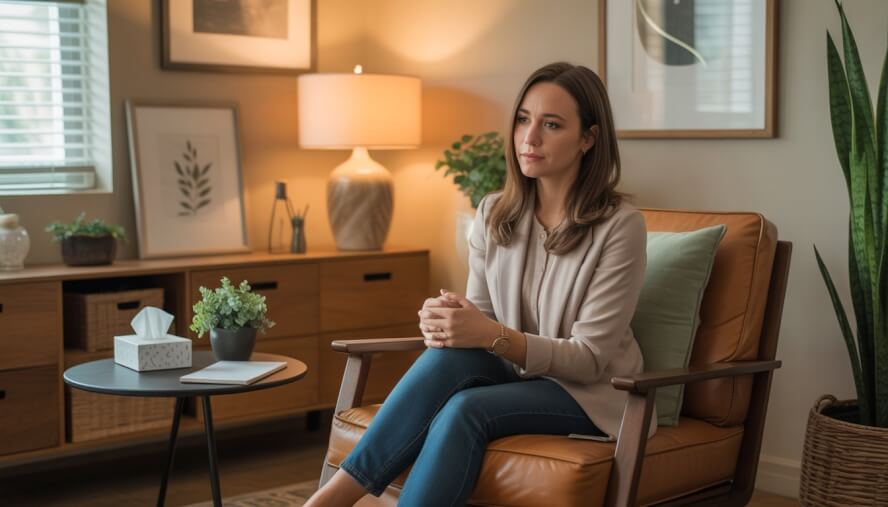 A female therapist sitting in a comfortable chair in a warmly lit therapy office with plants and soft decor.