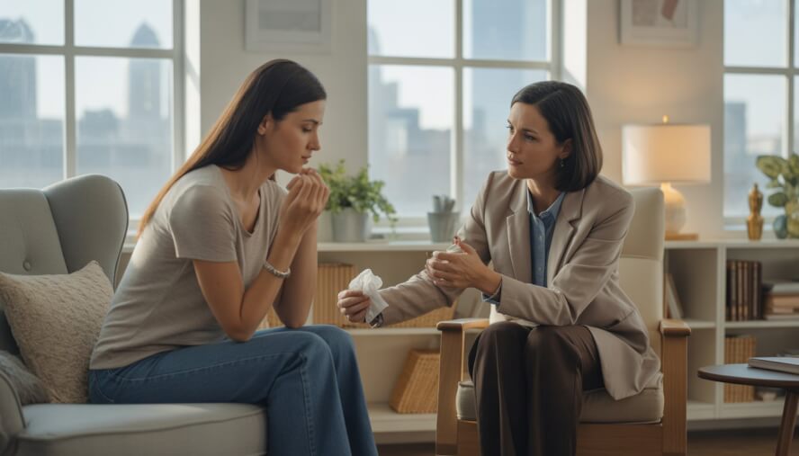 A female therapist attentively listens to an emotional woman in a cozy therapy office with a Minneapolis city view in the background.
