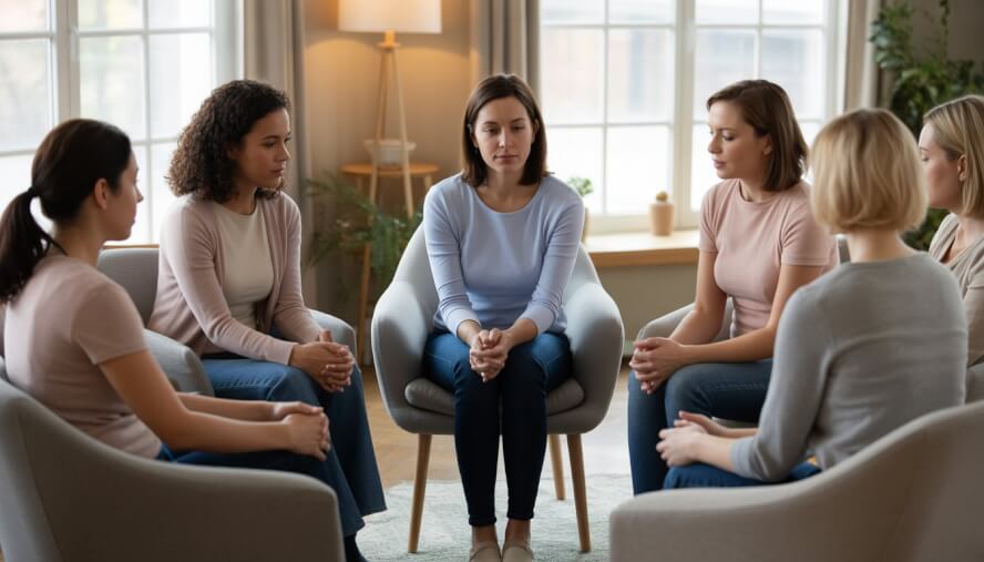 A group of women sitting in a circle with a female therapist in a warm, comfortable room, offering support and comfort to each other.