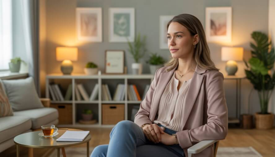 A female therapist sitting in a comfortable office with warm lighting, surrounded by books, plants, and soft decor.