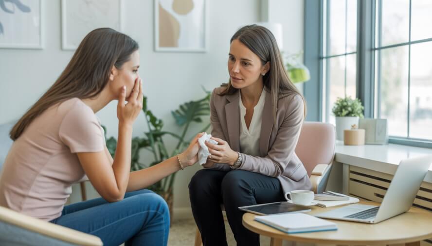 A female therapist listens supportively to a female client in a bright therapy office.