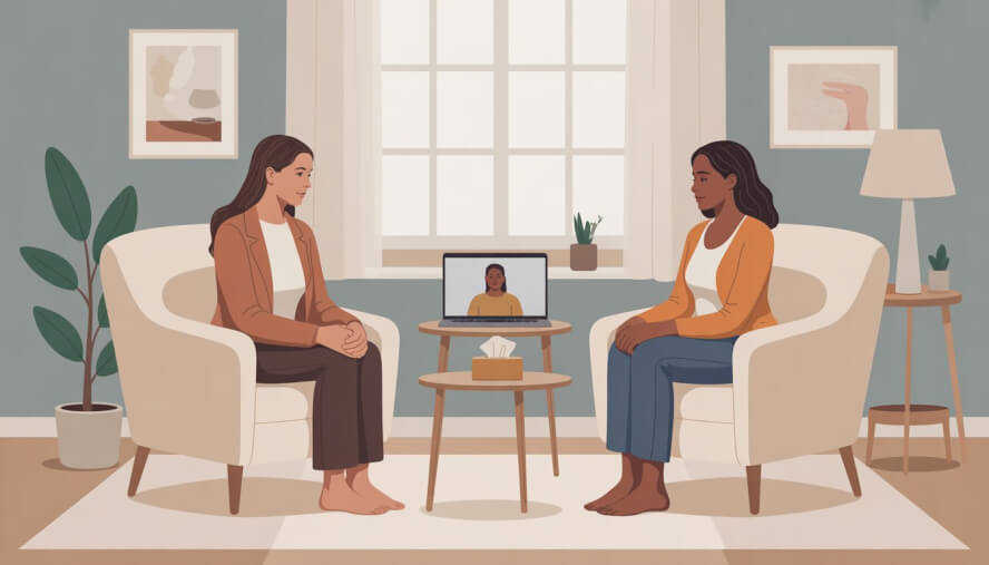 A therapist and a woman having a supportive counseling session in a cozy office with a laptop showing a virtual video call.