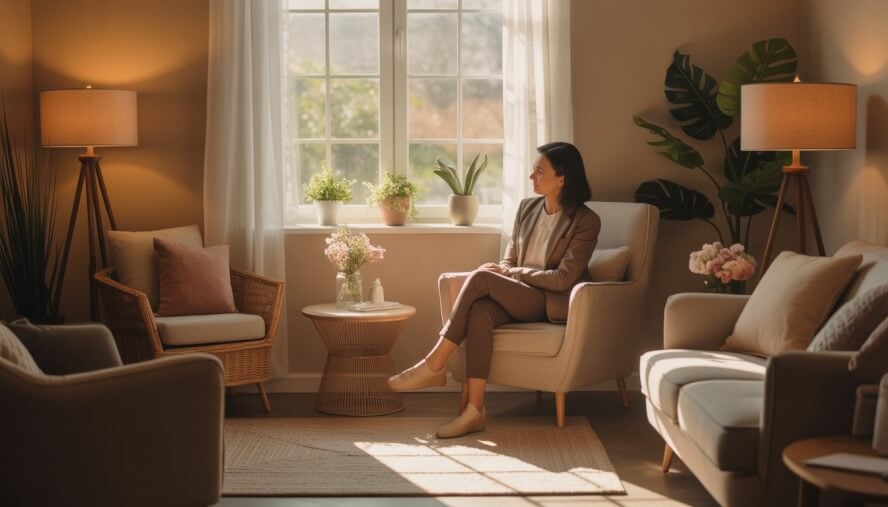A female therapist sitting in a warm, softly lit room with plants and comfortable seating, creating a calm and supportive atmosphere.