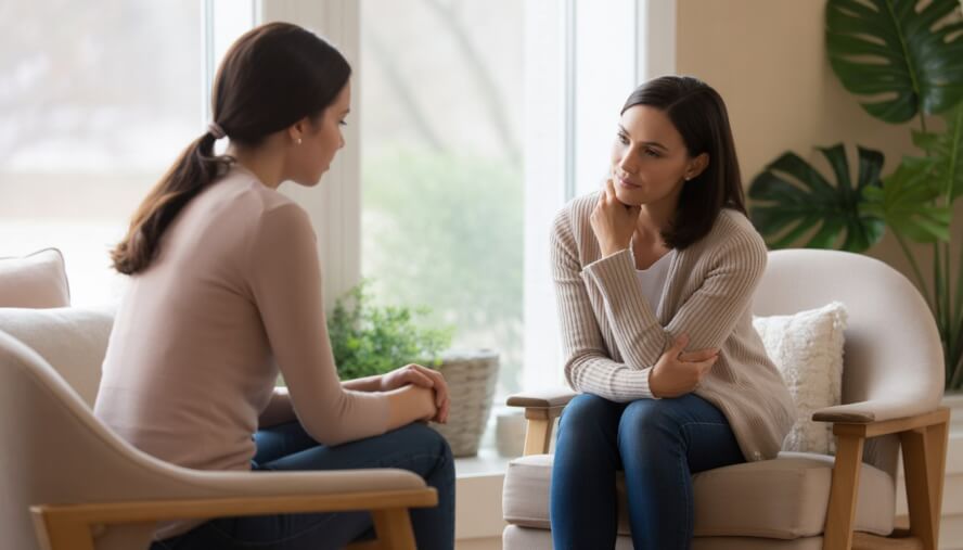 A therapist and a woman sitting and talking in a bright, comfortable counseling office.