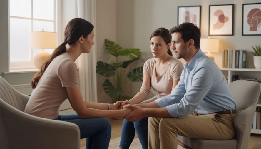 A therapist attentively listening to a couple holding hands in a warmly lit therapy office.