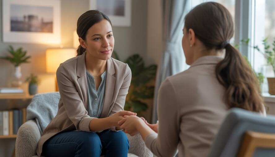 A female therapist attentively talking with a pregnant woman in a comfortable therapy office.