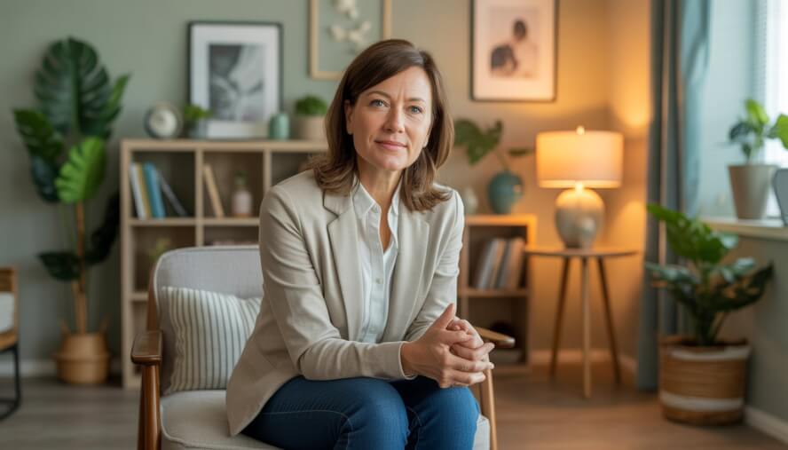 A female therapist sitting in a comfortable office with warm lighting and calming decor, offering a supportive environment for counseling.