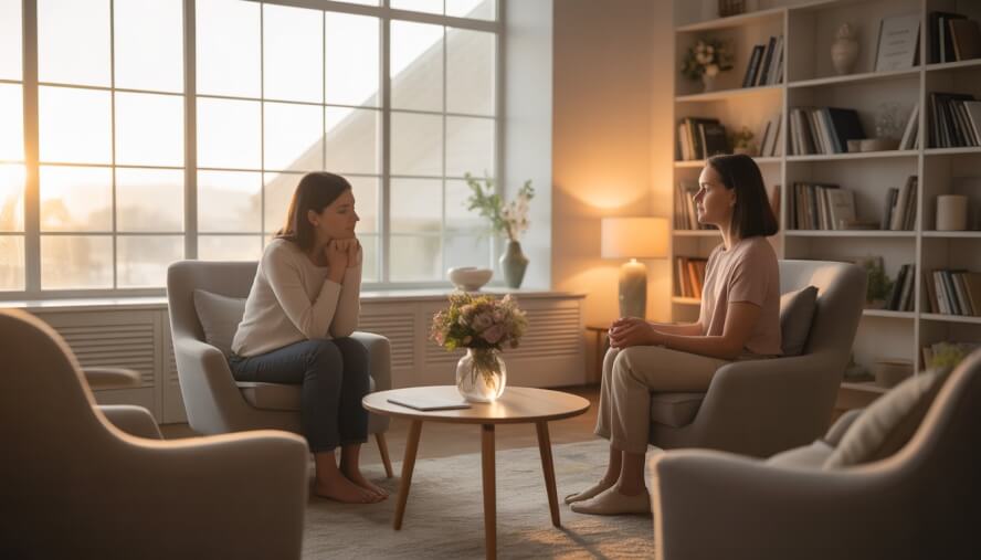 A therapist attentively listening to a woman in a cozy counseling office softly lit by sunrise light.