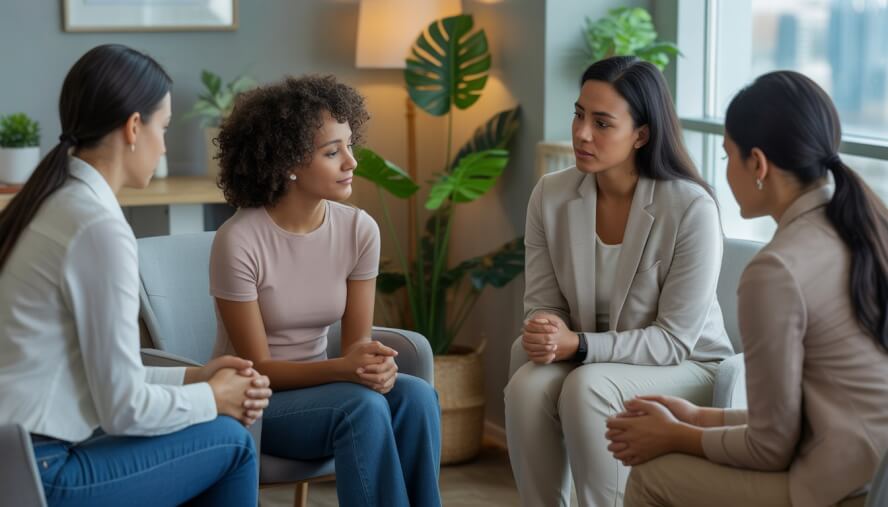 A therapist attentively listening to a client in a warm, comfortable office with natural light and plants.