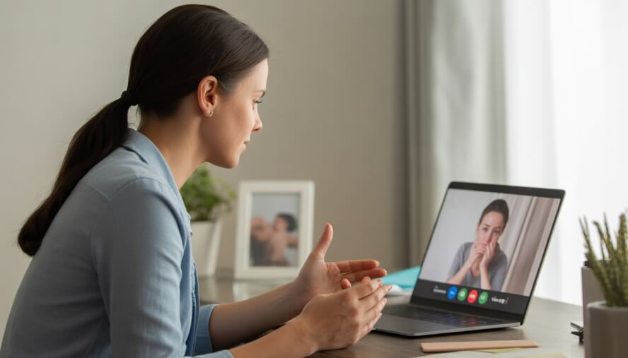 A female therapist conducting a supportive telehealth counseling session on a laptop in a calm home office.