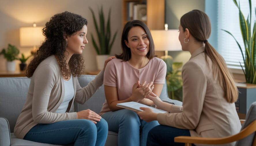 Two therapists and a client in a comforting therapy office, engaged in a supportive conversation about pregnancy loss.