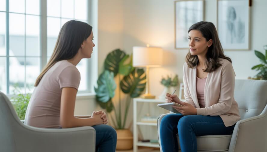 A therapist attentively listening to a woman in a bright, calm therapy office.