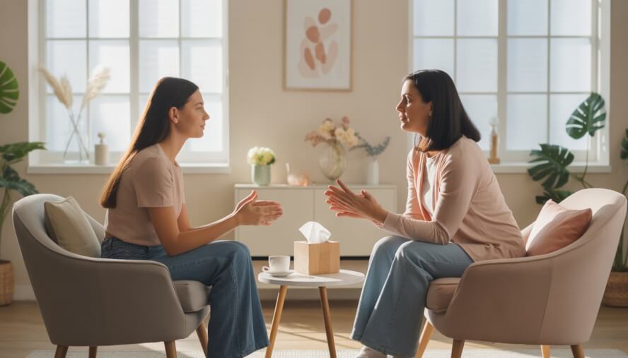 A therapist comforting a young woman in a bright, peaceful counseling office with natural light and plants.