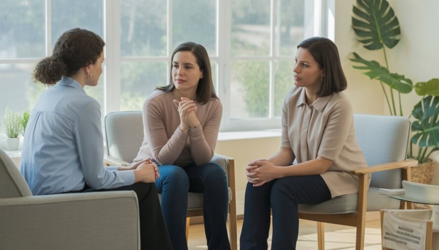 A woman receiving compassionate counseling from two therapists in a bright, comfortable therapy office.