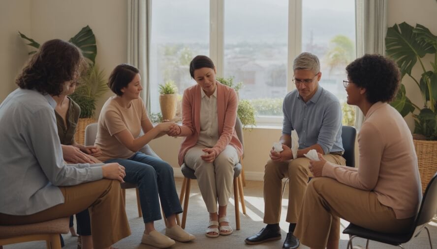 A diverse group of people sitting in a circle in a bright room, offering support and comfort to each other.