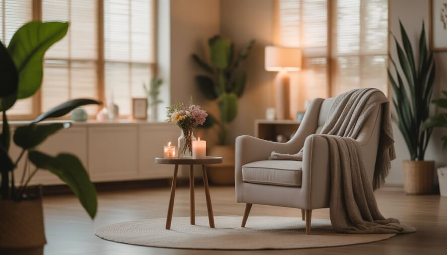 A peaceful therapy room with a comfortable chair, soft lighting, plants, and calming decor.