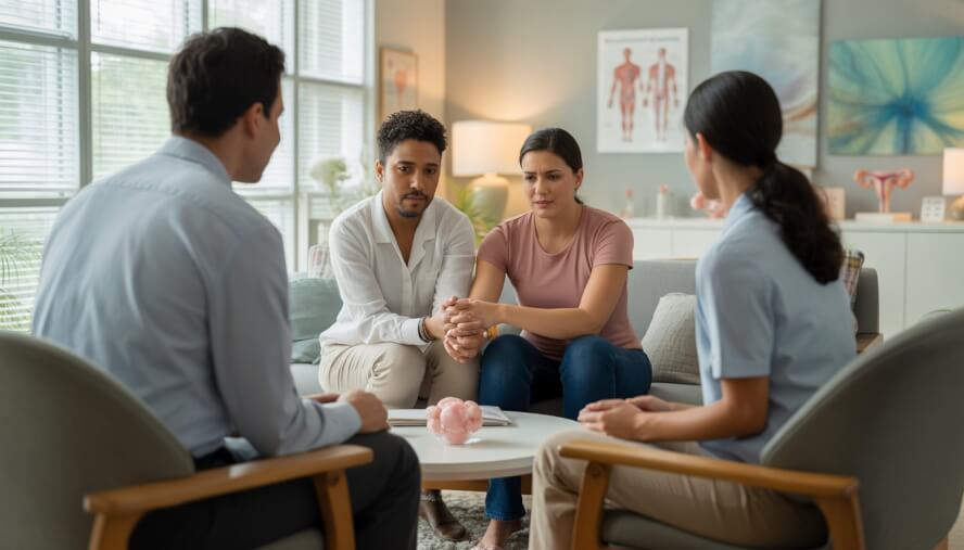 Two therapists providing supportive counseling to a couple in a bright, comfortable medical office.