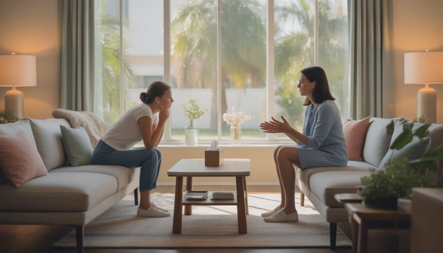A female therapist attentively listening to a woman in a calm therapy office with natural light and plants.
