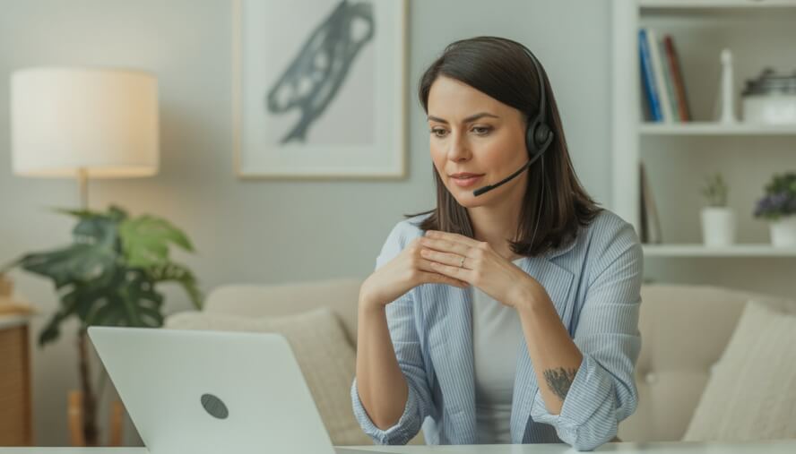 A female psychologist conducting a telehealth therapy session in a bright home office, showing empathy and professionalism.