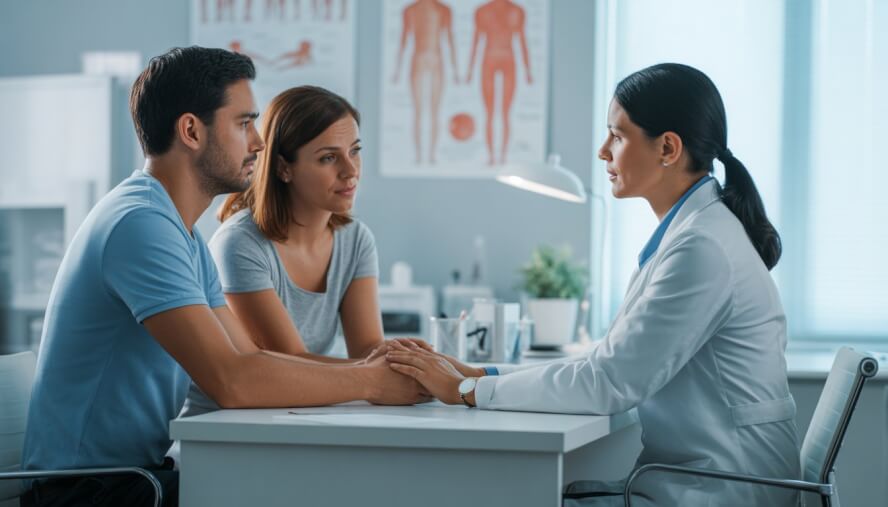 A female doctor consulting with a couple in a medical office, offering support and advice.
