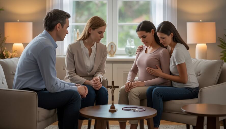 Two therapists offering compassionate support to a grieving couple in a calm, softly lit counseling office with subtle Catholic symbols and a window showing a garden outside.