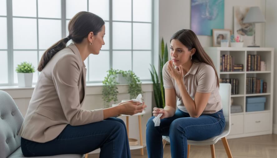 A female therapist attentively listening to a young woman in a bright therapy office, providing support during an emotional session.