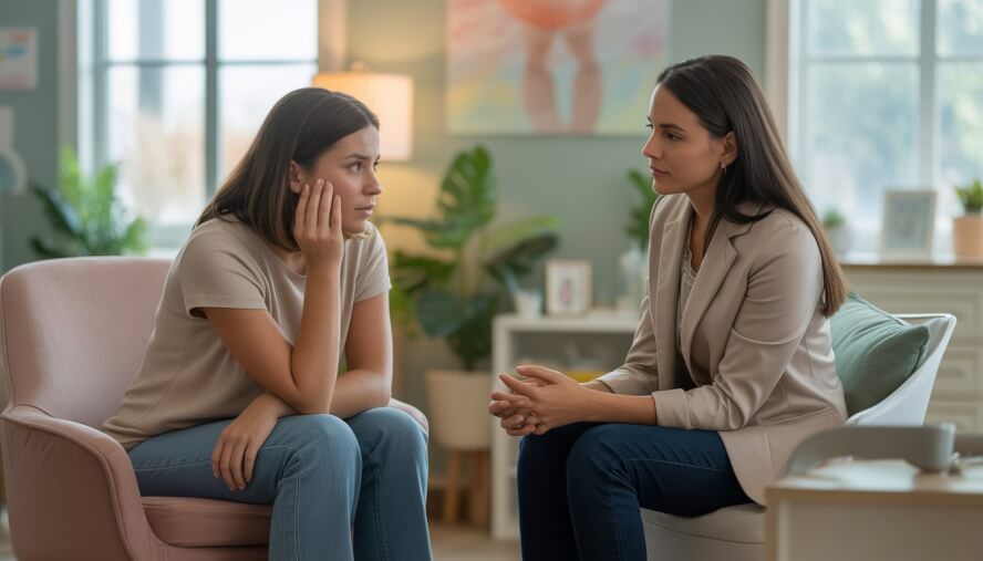 A female therapist attentively supporting a young woman in a bright, comfortable counseling office.