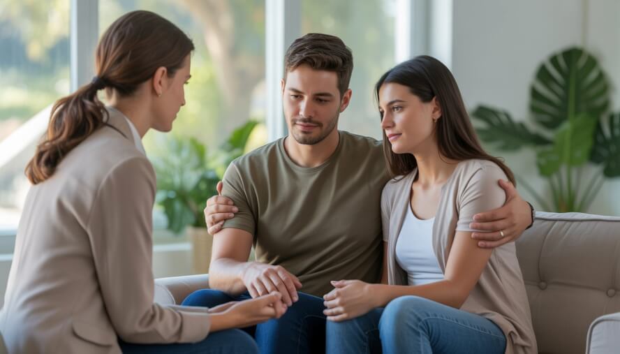 A female therapist listens attentively to a young couple seated together in a bright, cozy therapy office.