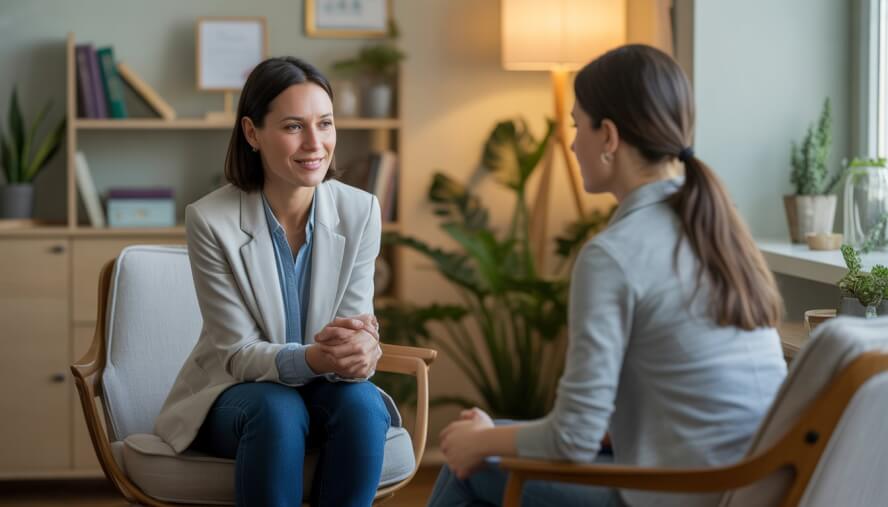 A female therapist attentively listening to a female client in a cozy counseling office.