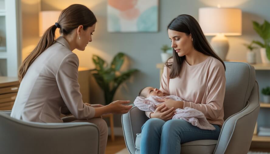 A female therapist attentively listening to a young mother in a cozy counseling office.