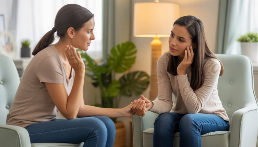A female therapist attentively supporting a young mother in a bright, comfortable therapy office.