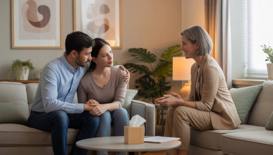 A couple and a therapist having a supportive conversation in a cozy therapy office.