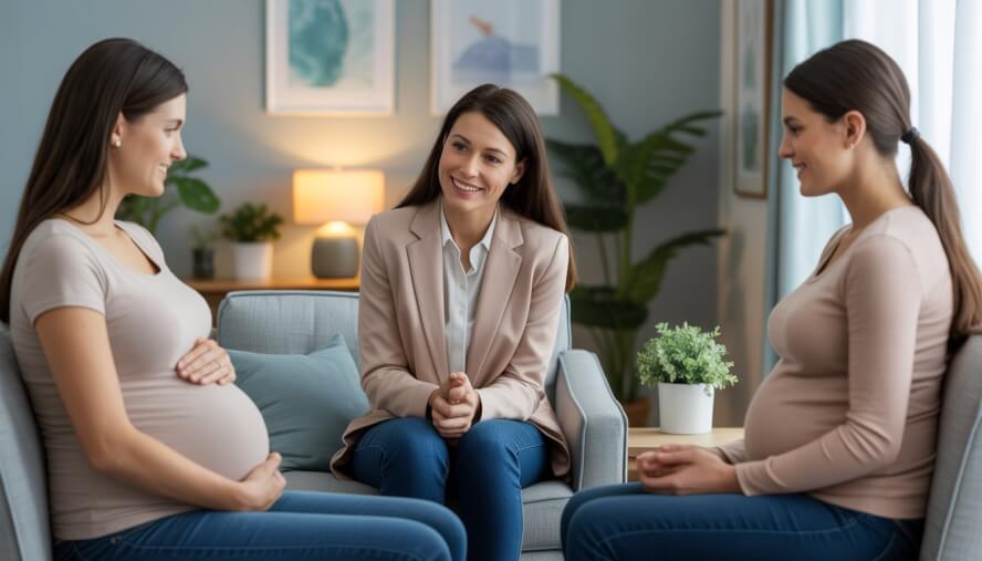 A therapist attentively listening to a pregnant woman and a new mother during a counseling session in a calm, comfortable office.
