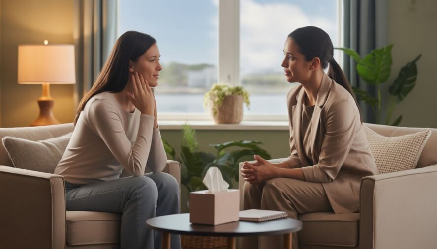 A female therapist attentively listening to a woman in a comforting counseling office with natural light and plants.