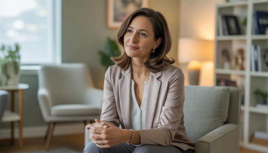 A female therapist sitting in a warm, modern office, looking calm and compassionate.