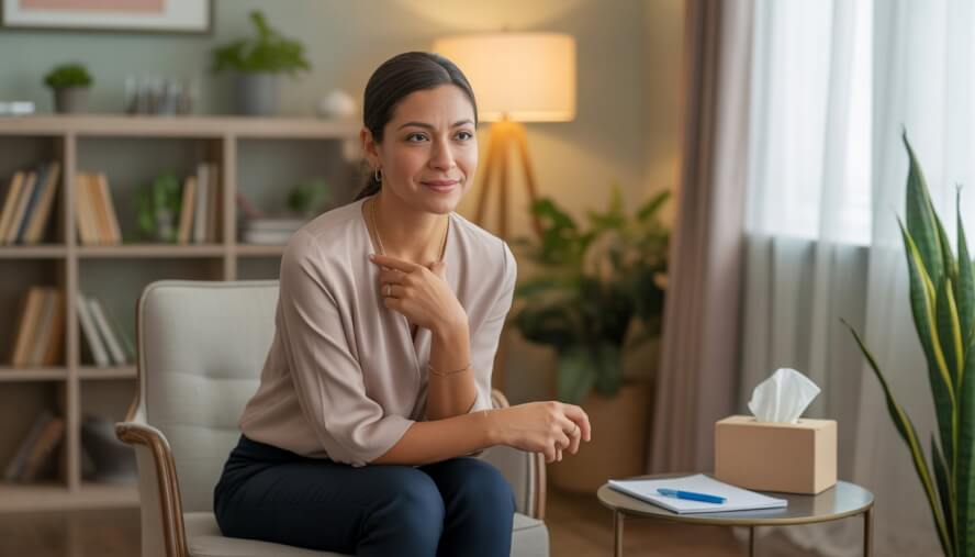 A compassionate female therapist seated in a comfortable counseling office with warm lighting and calming decor.