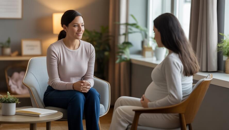 A female therapist talking supportively with a pregnant woman in a warm, comfortable office.