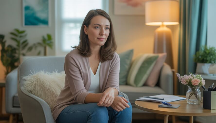 A female therapist sitting in a cozy office with soft natural light, surrounded by calming decor, offering emotional support.