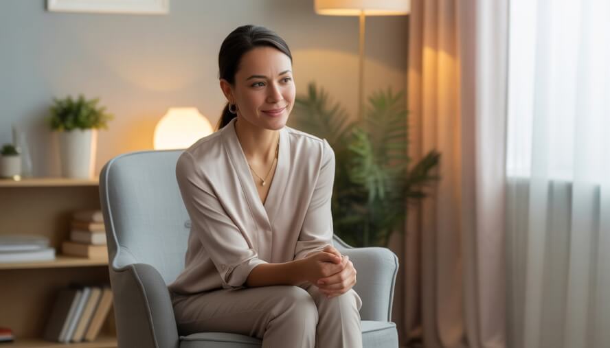 A female therapist sitting in a comfortable office with warm lighting, looking empathetic and approachable.