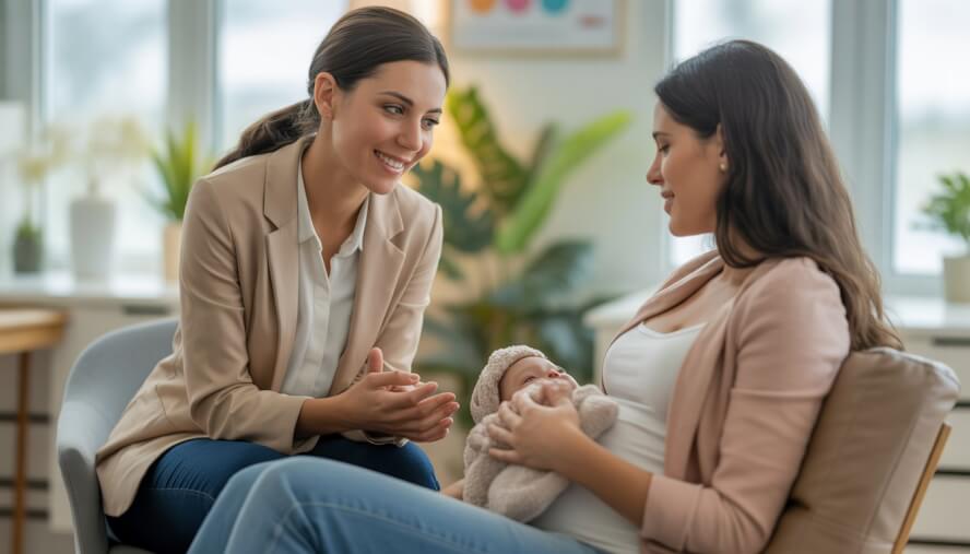 A female therapist attentively listening to a new or expectant mother in a bright and calm counseling office.