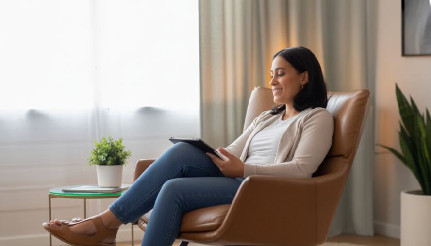 A female therapist sitting in a cozy office, attentively listening and smiling warmly.