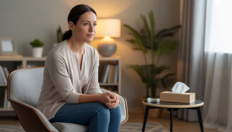 A female therapist sitting in a calm counseling office, listening attentively and offering support.