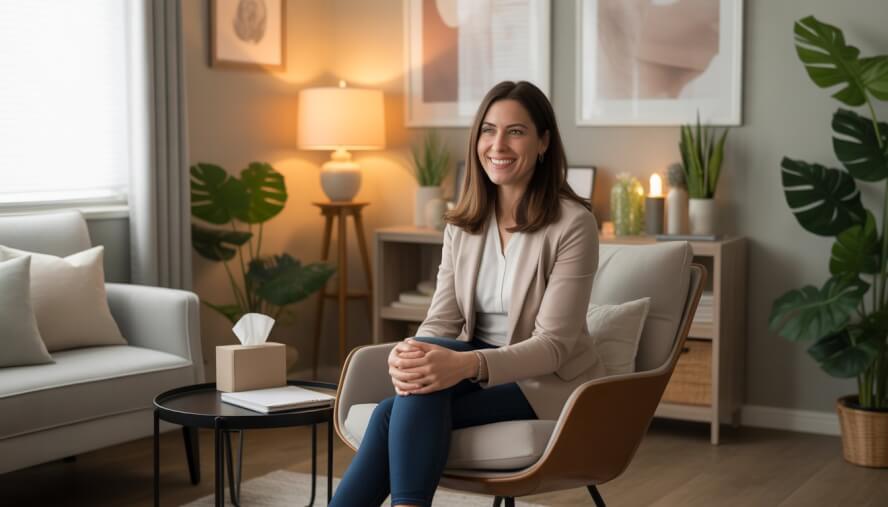 A female therapist sitting in a comfortable chair in a softly lit therapy office with plants and calming decor.